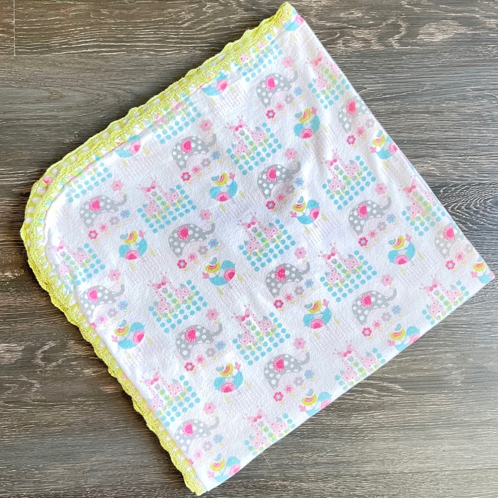 Baby Receiving Blanket Animal Print Elephant Flannel Green Crochet Trim 33x35